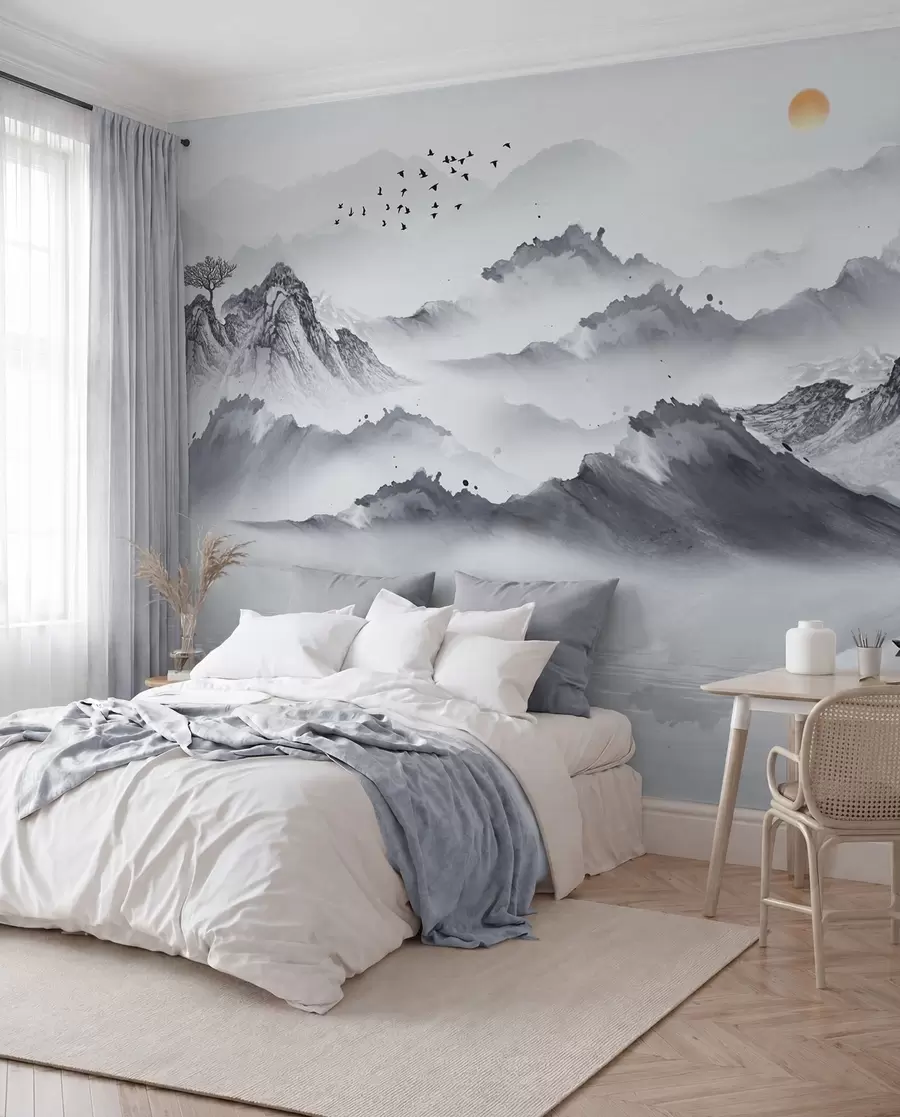 zidne murale Planine u japanskom stilu. Crtanje tušem u44010